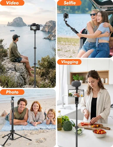 Vista 4 de NINEIGH Trípode de teléfono, trípode de viaje extensible de 66 pulgadas
