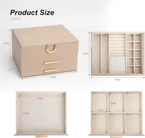 Vista 3 de Elegant Gift Jewelry Box with Mirror - 3-Layer Organizer for Earrings, Rings, Necklaces, Ready to Give for Birthday Anniversary Christmas Apricot