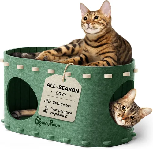 Vista 11 de DownyPaws Casa para gatos de interior, cueva plegable de 2 pisos, cama tipo túnel de fieltro para gatos, cubo, escondite para multicats, resistente