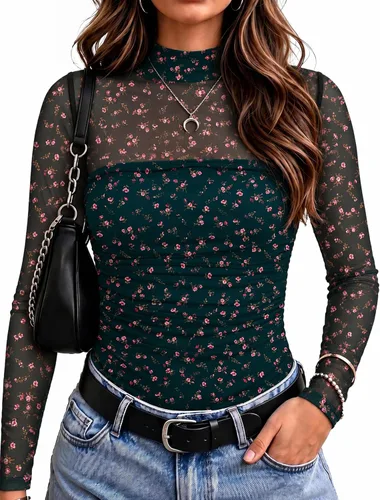 Vista 12 de Zeagoo Blusa de manga larga de malla para mujer, cuello alto, fruncido Estampado floral