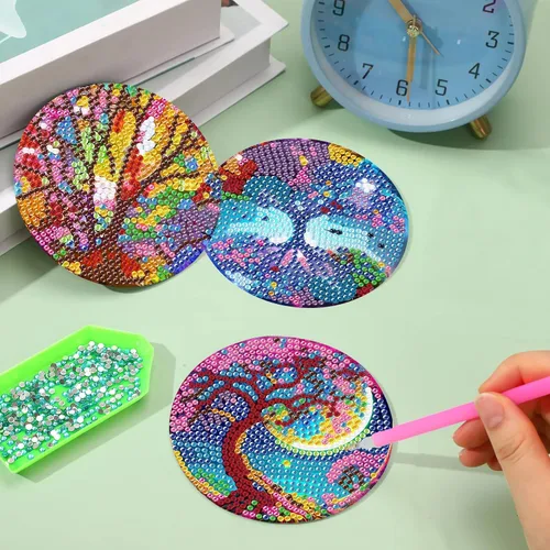 Vista 3 de Juego de 8 posavasos de pintura de diamantes, posavasos de pintura de diamante 5D, posavasos de arte de diamante con soporte, posavasos