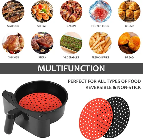 Vista 6 de Forros de silicona reutilizables para freidora de aire, 2 paquetes, redondos de 8 pulgadas, antiadherentes, sin BPA, accesorios reutilizables