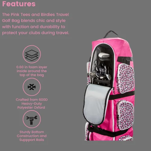 Vista 4 de Bolsa de golf para mujer con ruedas - Oxford 600D resistente, 6 bolsillos, ruedas ABS, aprobada por aerolíneas, rosa