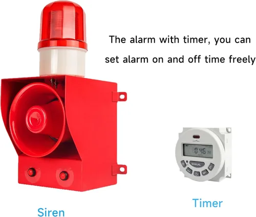 Vista 2 de Y DIANS Sirena de alarma temporizada al aire libre 130dB cuerno 45W emergencia impermeable seguridad industrial sirena luz con temporizador