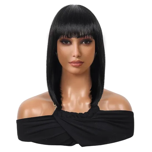 Vista 2 de Kalyss - Pelucas cortas de cabello negro con flequillo para mujer, peluca de cabello sintético completo, resistente al calor, peluca corta y recta