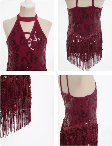 Vista 3 de IBAKOM Body de lentejuelas brillantes con flecos y cuello halter en V, leotardo de gimnasia para niños, espalda abierta, jazz latino, hip hop