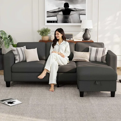 Vista 6 de Sofás Seccionales para Sala de Estar - Sofá Moderno en Forma de L de Lino Gris Oscuro de 3 Plazas con Otomana de Almacenamiento Reversible