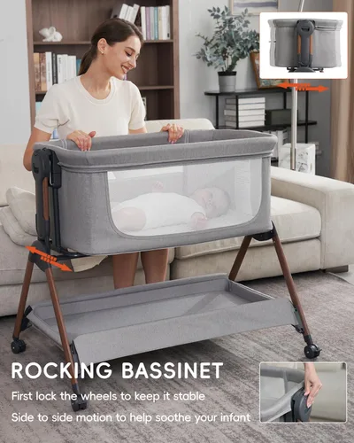 Vista 3 de Cuna para bebé - Cuna para dormir al lado de la cama, Cunas al lado de la cama 3-en-1 para bebé, Cuna con movimiento, con colchón cómodo, ruedas