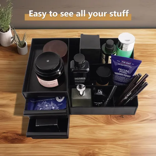 Vista 2 de Organizador de tocador negro con cajones – Caja grande de almacenamiento para hombres en encimera para colonia, cuidado de la piel, maquillaje