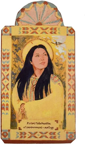 Vista 2 de Modern Artisans Saint Kateri Tekakwitha - Placa de retablo hecha a mano, patrón de la ecología y el medio ambiente, 3.3 x 6.5 pulgadas