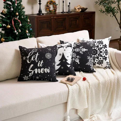 Vista 7 de JOJOGOGO Fundas de almohada de Navidad en blanco y negro 18x18, juego de 4, fundas de almohada decorativas de invierno con copos de nieve para sofá
