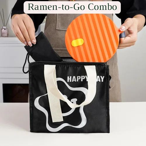 Vista 3 de Tazón de ramen para microondas para sopa y fideos instantáneos con bolsa de almuerzo aislada con cultery, cocina de ramen para microondas