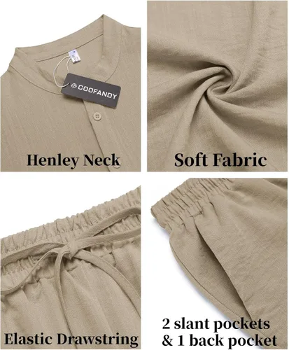 Vista 5 de COOFANDY Conjunto de 2 piezas de lino para hombre, camisas Henley casuales de manga corta, pantalones cortos de yoga para la playa, pantalones