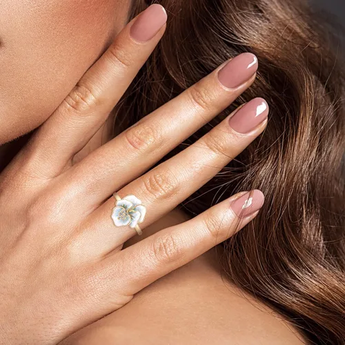 Vista 11 de Santuzza Anillo de diamante genuino de flor esmaltada de oro sólido amarillo de 10 quilates para mujer