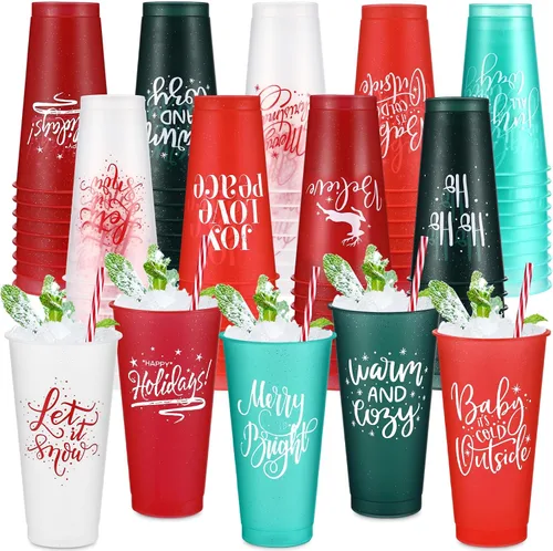 Vista 7 de Tioncy 50 vasos de plástico de Navidad con tapas y popote a granel, vasos de plástico de Navidad reutilizables de 25 onzas, tazas de Navidad