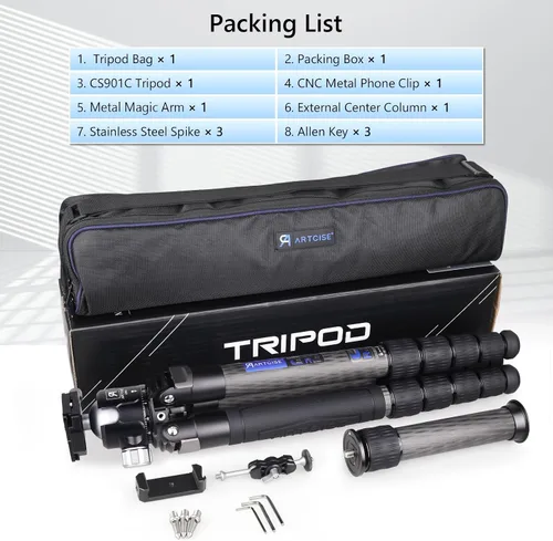 Vista 9 de Trípode profesional de fibra de carbono resistente CS901C con bola de 2.047 in, cabeza de trípode de perfil bajo, monopie desmontable, compacto