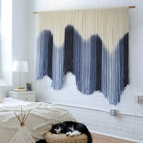 Vista 4 de Tapiz de fibra de macramé para colgar en la pared, color azul, grande