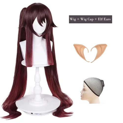 Vista 8 de Hu Tao Peluca larga marrón Hu Tao Cosplay Pelucas + orejas de elfo + redecilla, pelo sintético Hutao para mujeres y niñas con doble cola de caballo