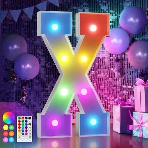 Vista 45 de Imprsv Letras coloridas de marquesina de 3 pies y letras grandes iluminadas RGB con control remoto, decoraciones de fiesta de cumpleaños Carta