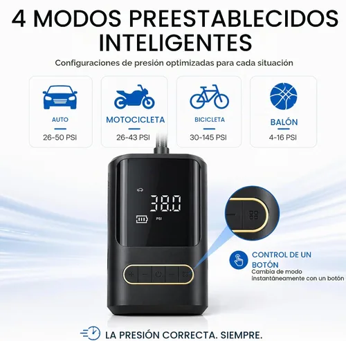 Vista 4 de Compresor de aire portátil para bicicleta: mini bomba eléctrica para neumáticos con apagado automático, compatible con múltiples válvulas, inflador
