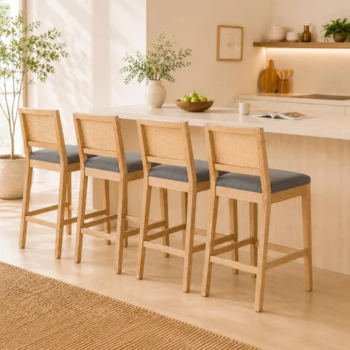 Vista 14 de Juego de 2 taburetes de bar de altura de mostrador, sillas de isla de cocina con respaldo de caña beige, taburetes de bar de ratán con respaldo