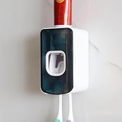 Vista 17 de Soporte de plástico para cepillos de dientes de 2 ranuras y dispensador de pasta de dientes montado en la pared, exprimidor automático de pasta