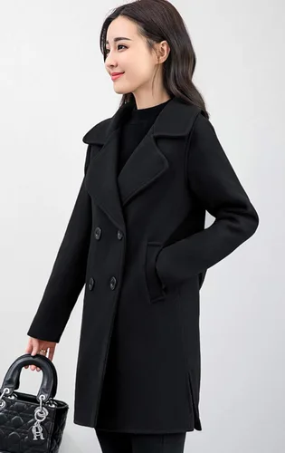 Vista 3 de chouyatou Elegante abrigo de mezcla de lana con cuello de solapa y cinturón para mujer