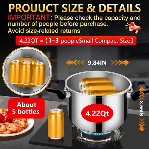 Vista 7 de Olla a Presión de Acero Inoxidable 304 4 QT (4.22 Quart) - Bloqueo de Seguridad a Prueba de Explosión, Operación con una Mano, Cocina Rápida