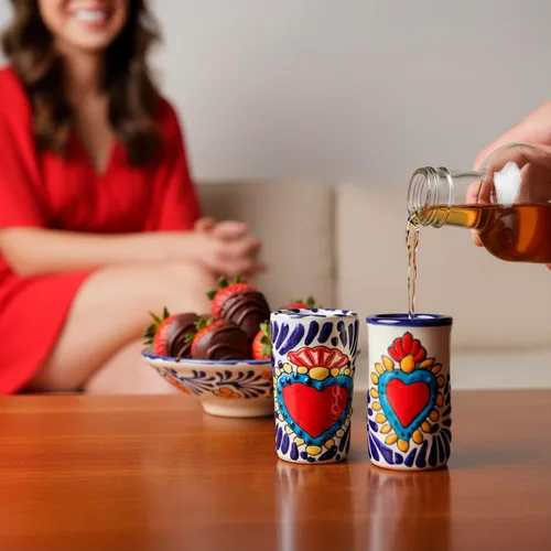 Vista 5 de Juego de 4 vasos de chupito Talavera auténticos mexicanos para tequila - Pintados a mano - 2 Oz (Corazón Azul)