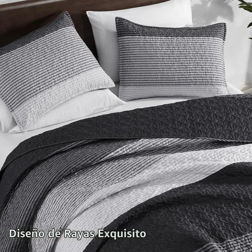 Vista 4 de Litanika Edredón tamaño Queen, juego de ropa de cama de 3 piezas a rayas 01 - Blanco y negro