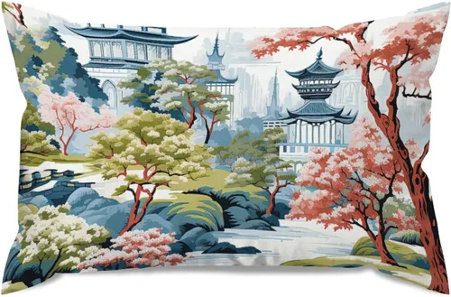 Vista 41 de ArogGeld Funda de almohada blanca con flores chinoiserie, funda de almohada para sofá, diseño floral verde y blanco, funda de almohada de lino A-12
