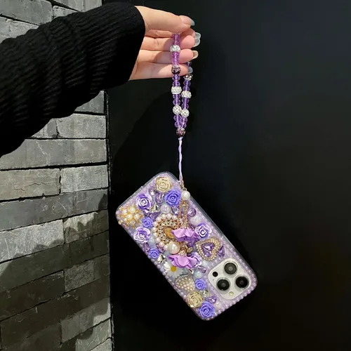 Vista 4 de iFiLOVE para iPhone 7 Plus/8 Plus Funda con Diamantes Brillantes y Correa de Flores, 3D Lujo Brillante Purpurina Cristal Diamantes de Imitación