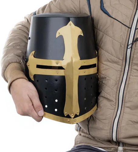 Vista 2 de Chainmail Medieval Crusader Knight Templar Helmet Armadura cruzada de acero y latón