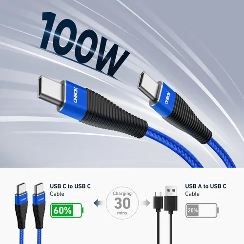 Vista 2 de Cable USB C a USB C de 100 W, paquete de 3 cables USB C a C de carga rápida Azul
