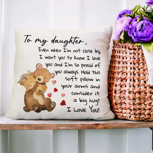 Vista 2 de RABUSOFA Funda de almohada de 18 x 18 pulgadas con texto en inglés "To My Daughter", funda de cojín de cumpleaños de mamá papá