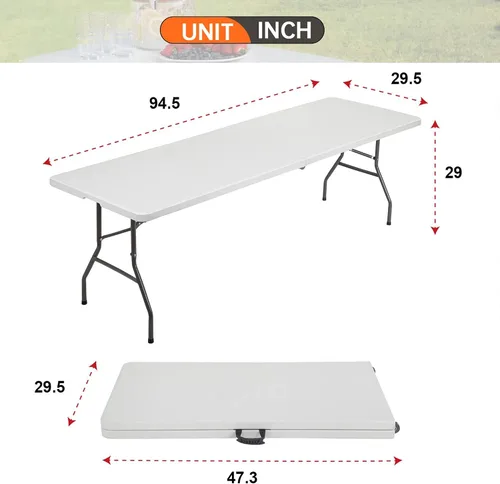 Vista 2 de Mesa plegable de 8 pies, mesas plegables de plástico resistente con asa de transporte, mesa plegable por la mitad ligera con función de bloqueo