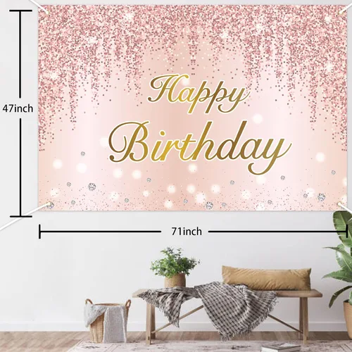 Vista 2 de Cartel de decoración de fiesta de feliz cumpleaños de 4 x 6 pies - Cartel de oro rosa - Cartel de feliz aniversario para cabina de fotos de fondo