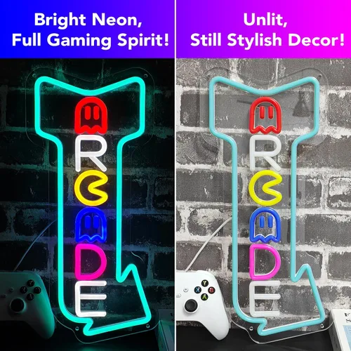 Vista 9 de Arcade - Letreros de neón con flecha de estilo retro con control remoto multifuncional para sala de juegos, luces de juego para decoración de pared
