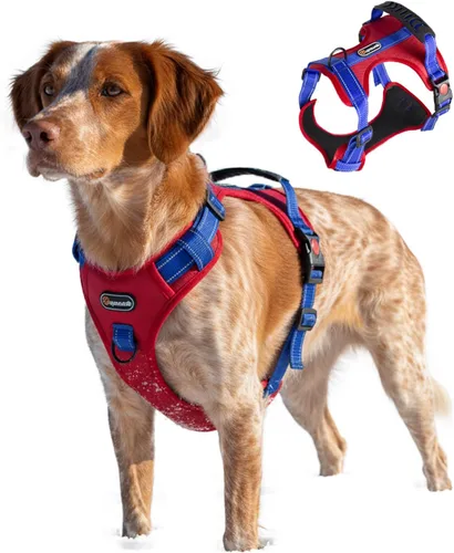 Vista 22 de Arnés táctico para perro, ajustable, sin tirones, con correas reflectantes y asa, arnés para cachorros con clips metálicos dobles para correa