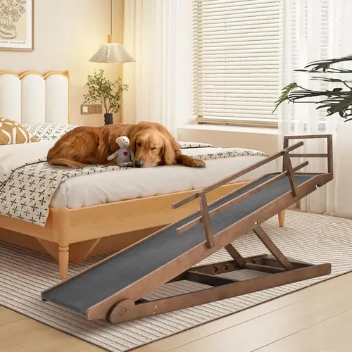 Vista 17 de Rampa para perros para cama, rampa de madera ajustable para mascotas de 46 Beige