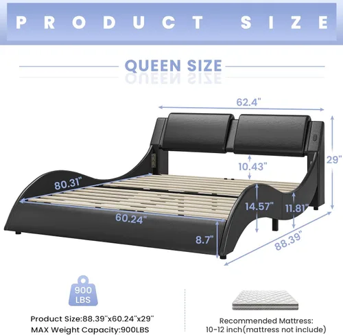Vista 2 de DICTAC - Marco de cama Queen con luces LED y puertos de carga, cama moderna tapizada tamaño Queen con cabecera, marco de cama de plataforma