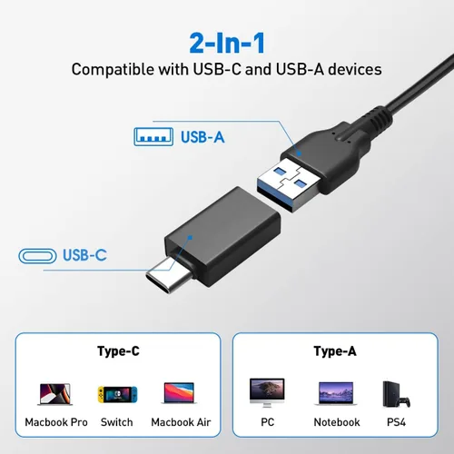 Vista 5 de Hub USB 3.0 de 4 puertos, divisor de concentrador USB portátil VVTOYER para laptop, con interruptor de alimentación individual y adaptador USB-C