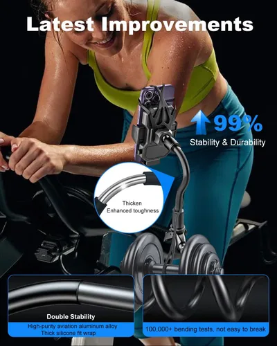 Vista 3 de Soporte para teléfono de bicicleta de cuello de cisne con abrazadera para cinta de correr, pelotón, bicicleta giratoria, silla de ruedas, bicicleta