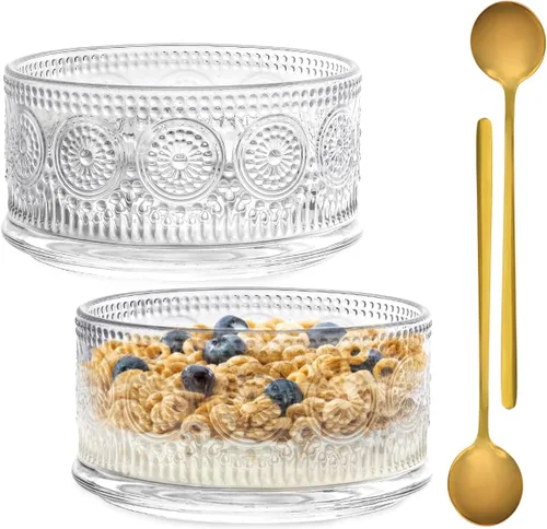 Vista 9 de Cuencos de vidrio para postre, cuenco para servir con cuchara dorada, cuencos para helado de postre, helado, cereales, nueces, pudín
