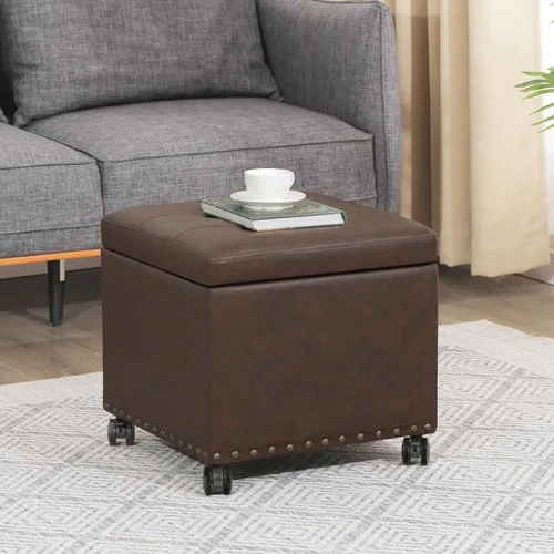 Vista 24 de Adeco Otomana moderna de cuero con ruedas, otomana cuadrada negra rodante de 18.8" con almacenamiento, taburete de tocador tapizado acolchado
