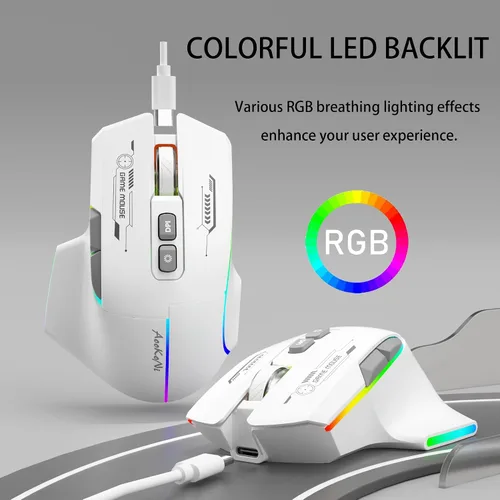 Vista 6 de Mouse inalámbrico para juegos, mouse ergonómico con 5 DPI ajustables hasta 7200, luces de respiración RGB, compatible con laptop, Chromebook, PC