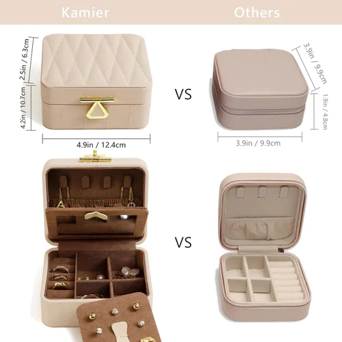 Vista 3 de KAMIER Joyero de viaje, organizador de joyas de viaje de cuero acolchado con diamante, caja organizadora de joyas de viaje pequeña para mujeres