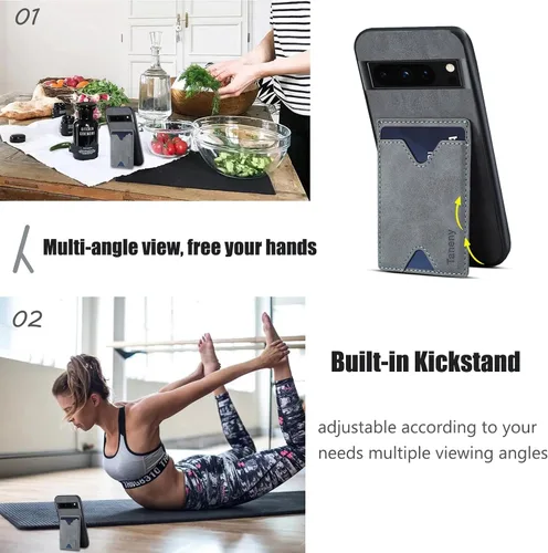 Vista 8 de Funda diseñada para Google Pixel 8 Pro, funda delgada de piel sintética con soporte para ranura para tarjetas, función atril, a prueba de golpes
