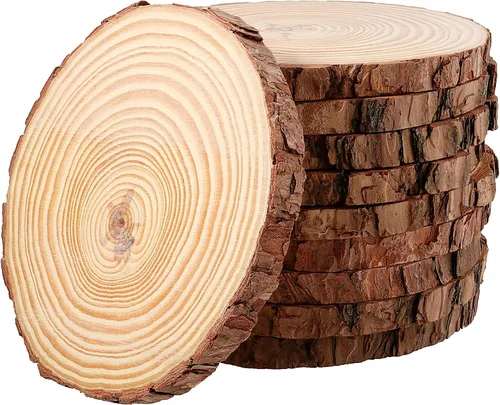 Vista 13 de JEUIHAU 6 piezas de rebanadas de madera natural sin terminar de 8 a 10 pulgadas, discos redondos de madera para corteza de árbol, círculos de madera