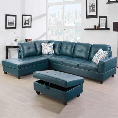 Vista 20 de Juego de sofá seccional de cuero para sala de estar, juego de 3 piezas con almacenamiento otomano negro para sala de estar/dormitorio/apartamento